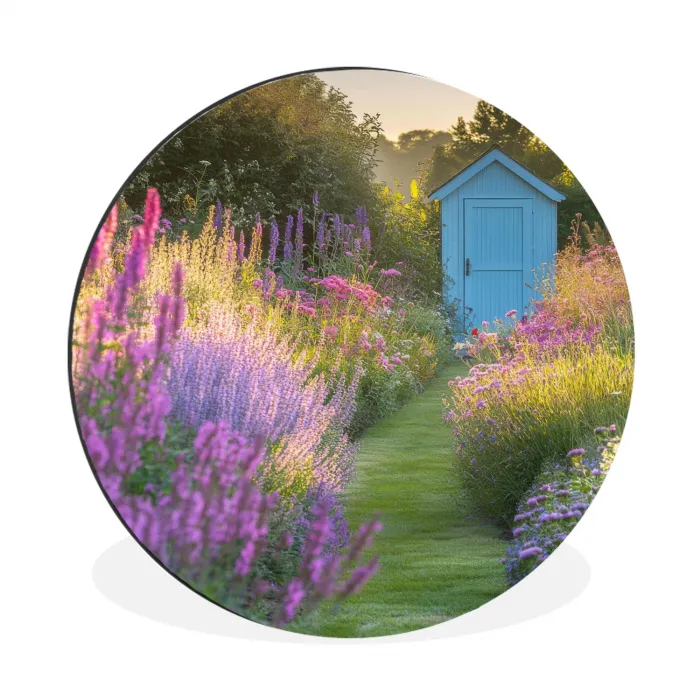 Tuinhuisje - Blauw - Bloemen Wandcirkel aluminium klein -3d