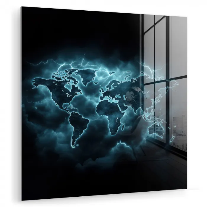 Wereldkaart - Bliksem - Blauw plexiglas 5mm klein -zzzproduct_nieuw