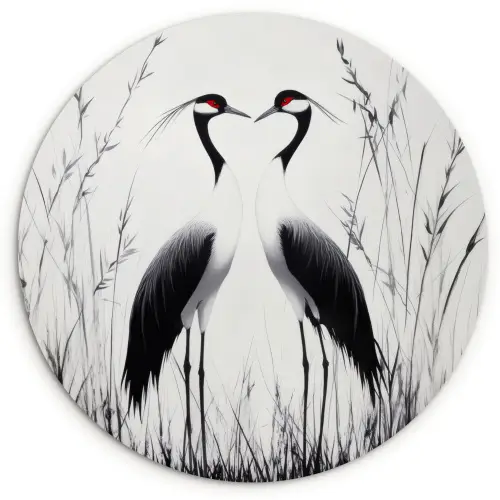Kraanvogels - Gras - Hartvorm - Zwart Wandcirkel kunststof plaat 5mm dik klein -3d