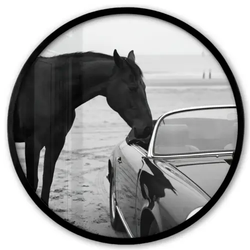 Paard - Auto - Zwart - Wit Fotolijst rond zonder passe partout klein -3d