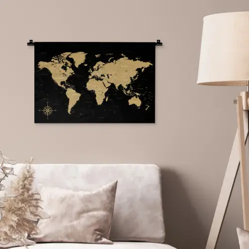 Wereldkaart - Beige - Zwart Wandkleed katoen klein -sfeer4