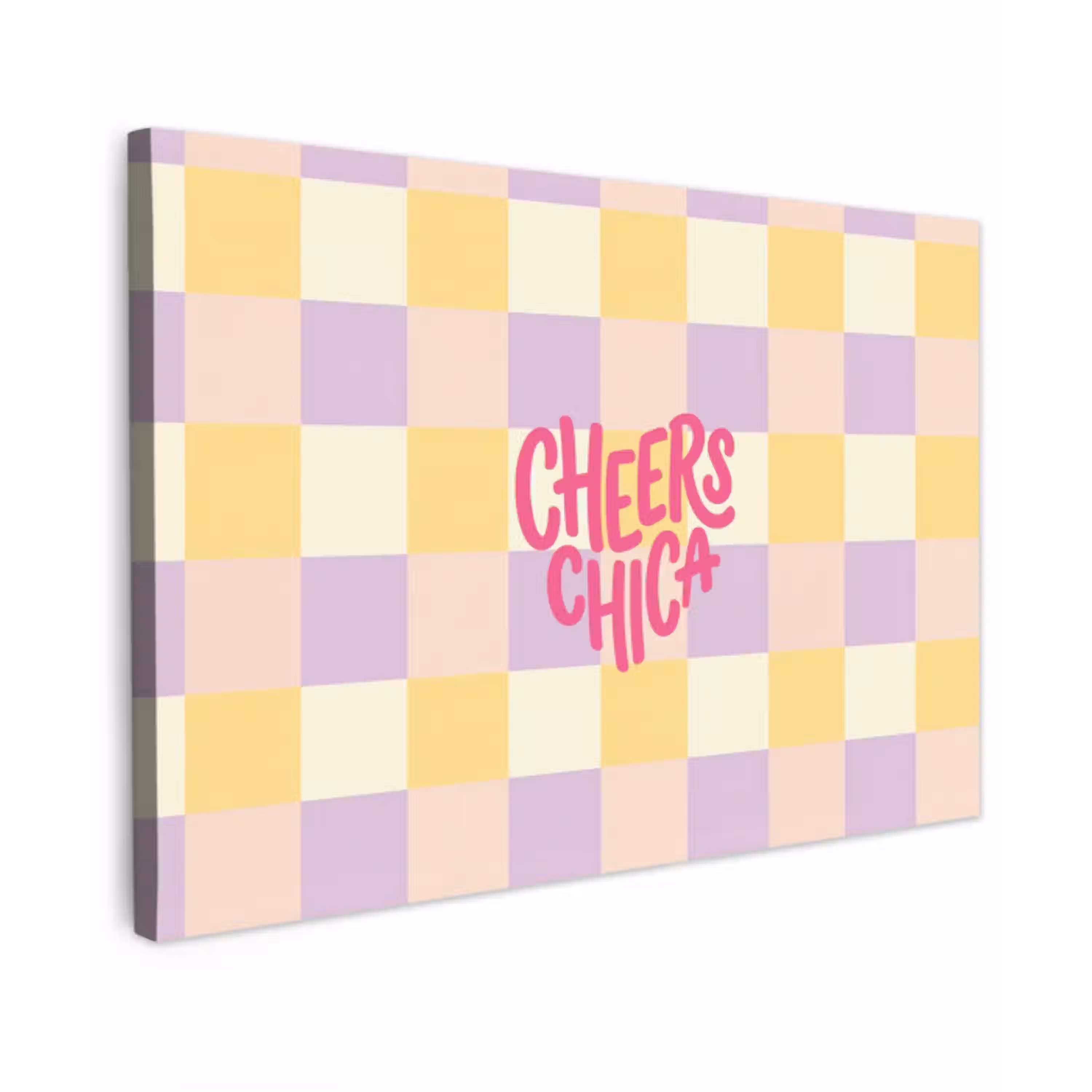 Cheers Chica - Ruitjes - Lila - Geel Tuinposter op houten frame 2 cm dik klein -3d