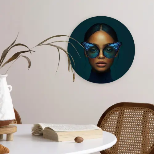 Vrouw - Vlinder - Bril - Blauw - Modern - Portret Wandcirkel plexiglas klein -sfeer4