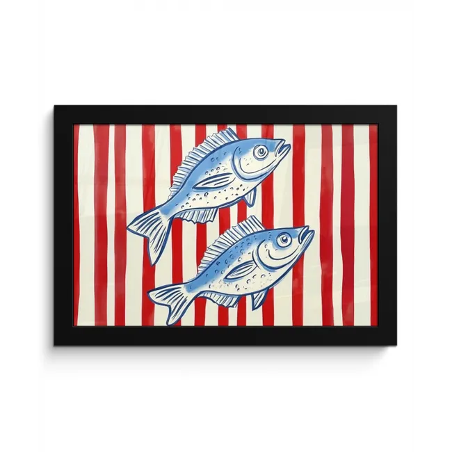 Vissen - Verticale strepen - Blauw - Rood fotolijst zwart zonder passe partout klein -3d