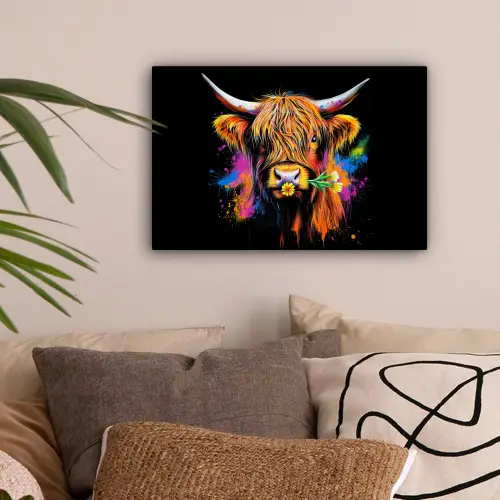 Schotse Hooglander - Graffiti - Kleurrijk - Bloem - Dieren canvas 2cm klein -sfeer1