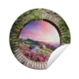 Landschap - Bloemen - Doorkijk - Berg Wandcirkel tuinposter met ringen klein -3d