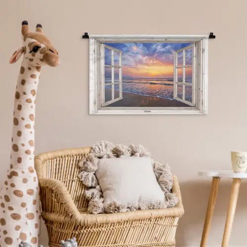 Doorkijk - Zee - Strand - Zonsondergang - Blauw Wandkleed katoen klein -wsfeer5_kind