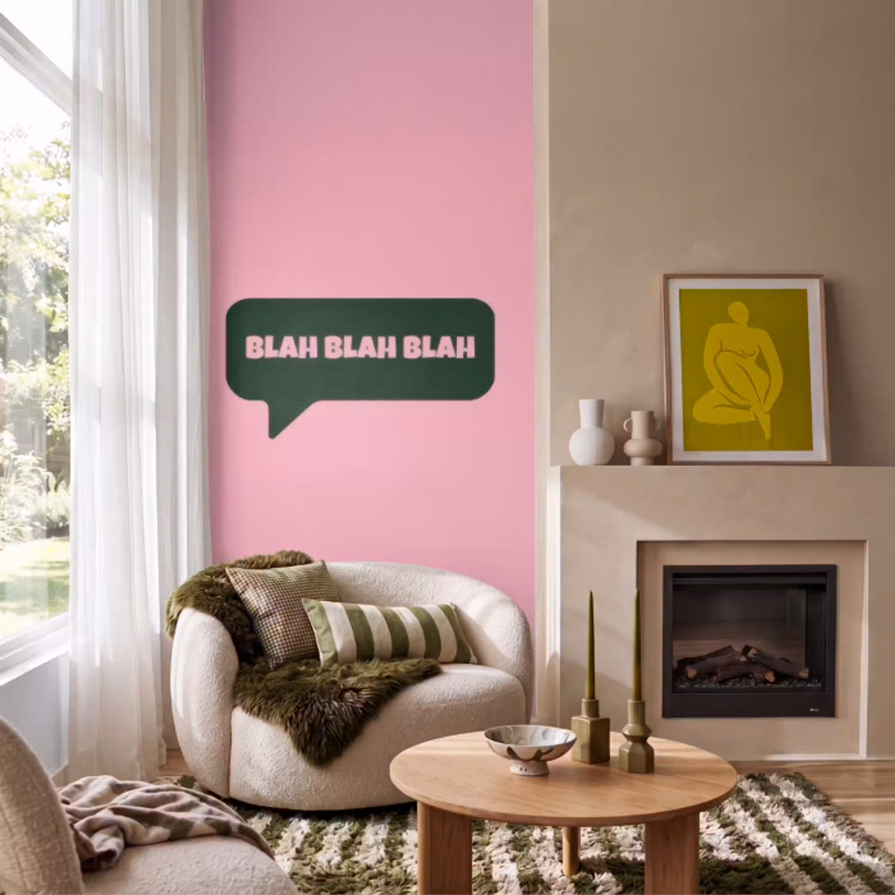 Roze - Tekstwolk - Groen - BLAH BLAH BLAH Behang Vlies klein -sfeer2