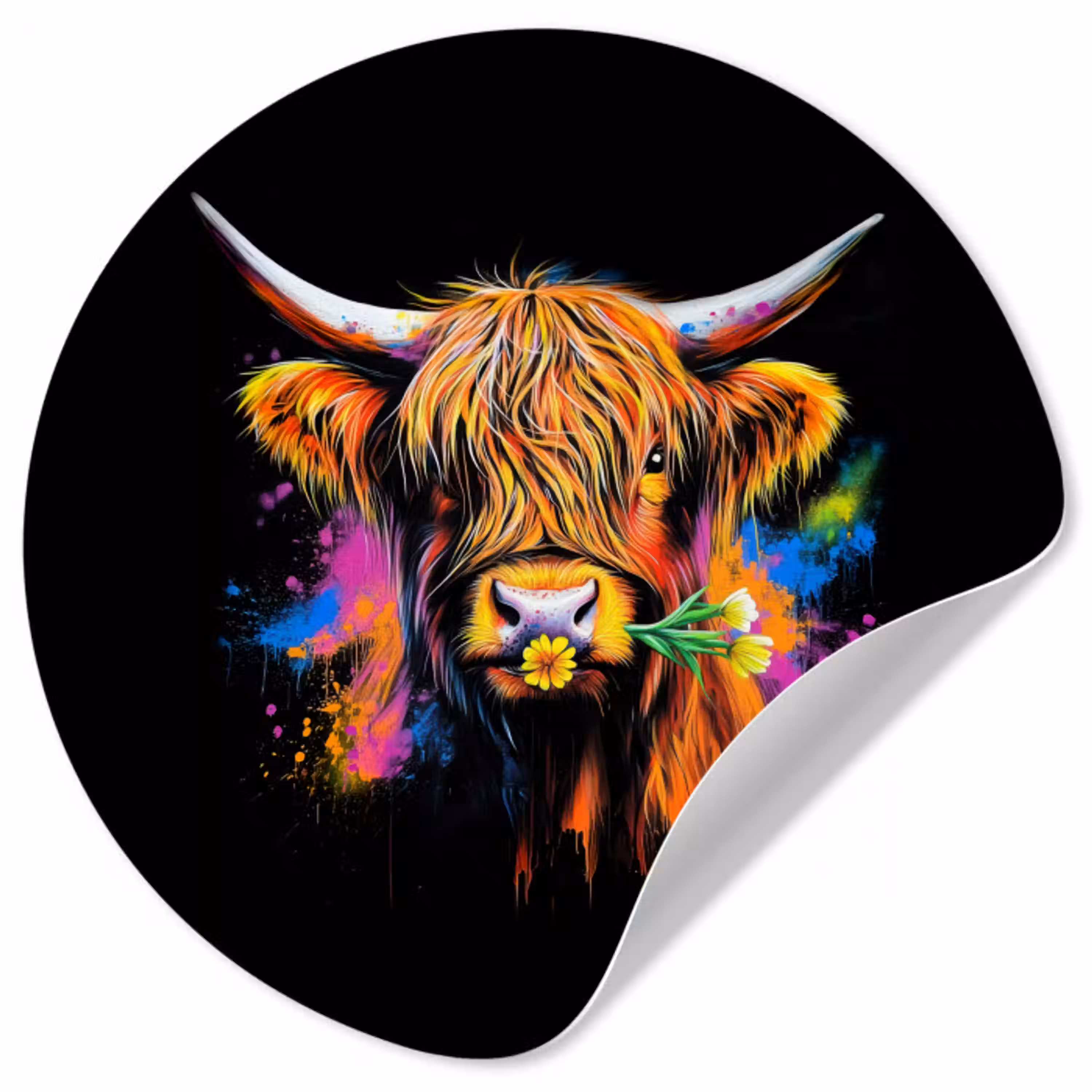 Schotse Hooglander - Graffiti - Kleurrijk - Bloem - Dieren Wandcirkel behangsticker klein -3d