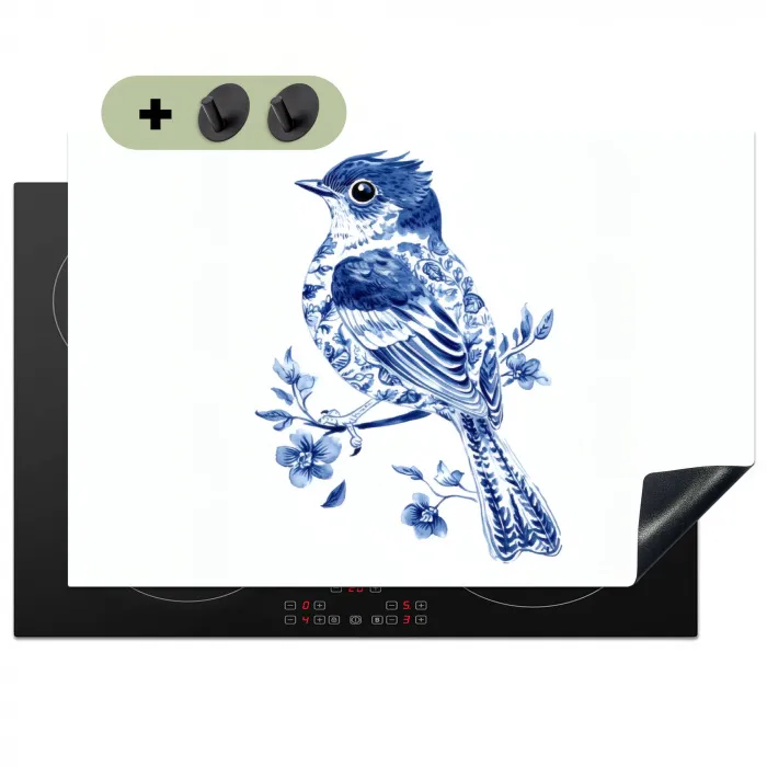 Vogel - Delfts blauw - Illustratie - Bloemen Inductie beschemer met haakjes klein -3d