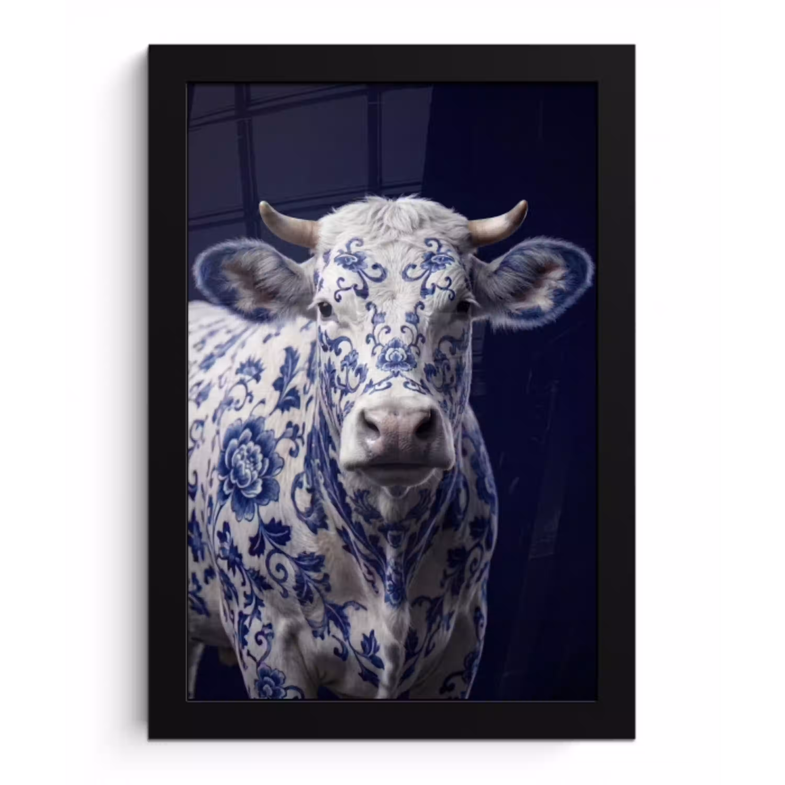 Koe - Delfts - Blauw - Artistiek fotolijst zwart zonder passe partout klein -3d