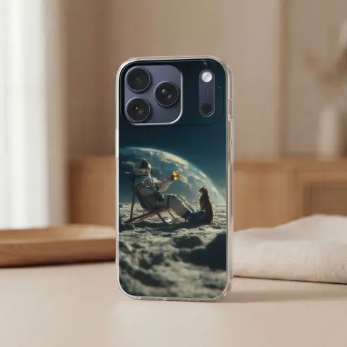 Astronaut - Kat - Glas - Stoel Telefoonhoesje iPhone 17 Pro klein -sfeer2