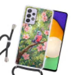 Papagaai - Hibiscusbloemen - Kleurrijk Hoesje Samsung Galaxy A52 5G met koord klein -sfeer1