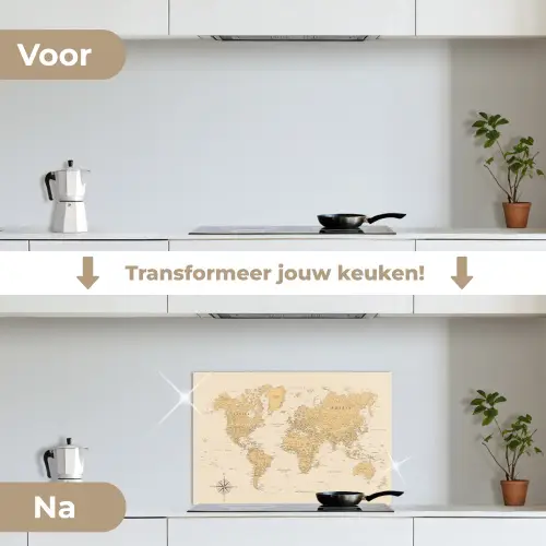 Wereldkaart - Realistisch - Beige keuken achterwand spatscherm klein -voor_na_NL