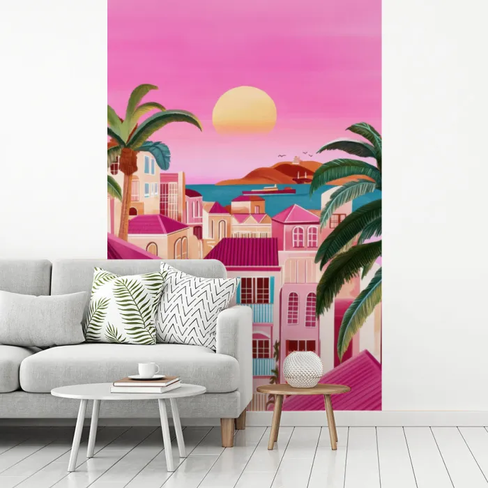 Stad - Roze - Palmbomen fotobehang vinyl groot -woonkamer