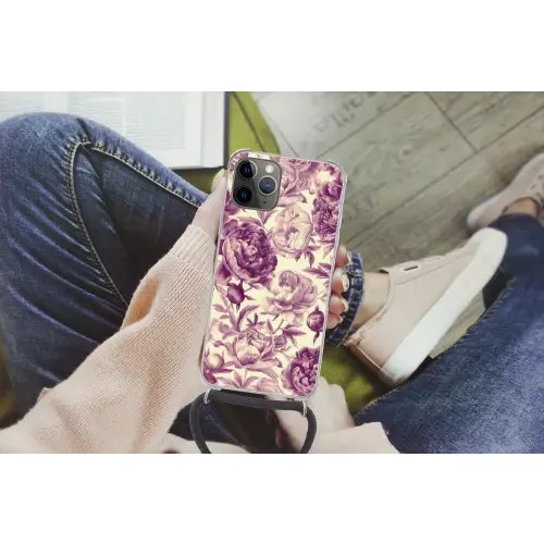 Bloemen - Patroon - Paars - Beige Hoesje iPhone 12 Pro met koord klein -hand