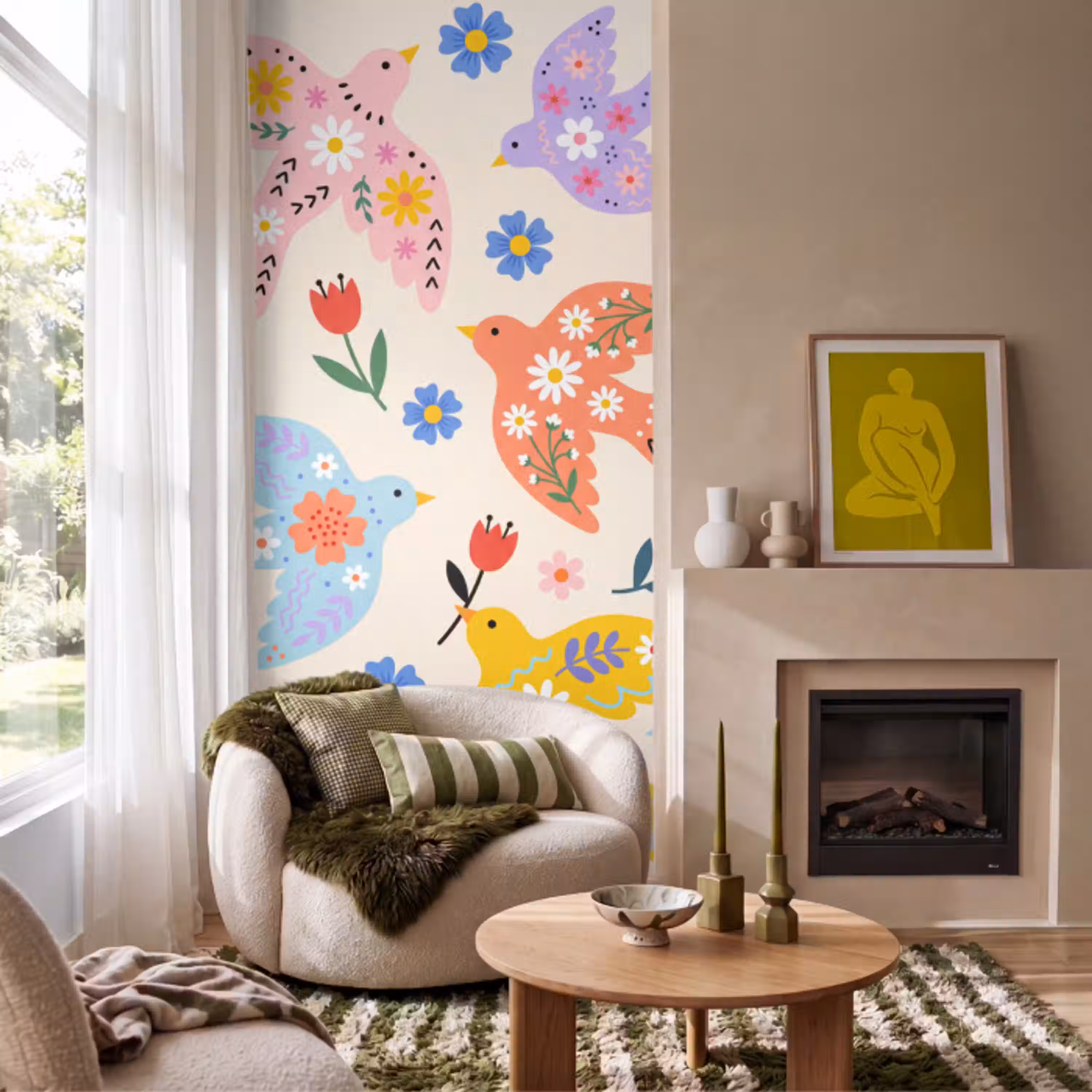 Vogel - Bloemen - Folk - Kleurrijk - Dieren Behang Vlies klein -sfeer2