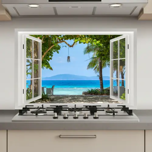 Doorkijk - Boom - Zee - Palmboom - Heuvels - Strand - Blauw keuken achterwand spatscherm klein -3d_website