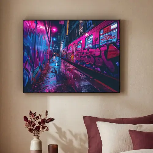 Stad - Neon -  Nacht - Roze - Graffiti Textielframe zwart klein -sfeer1