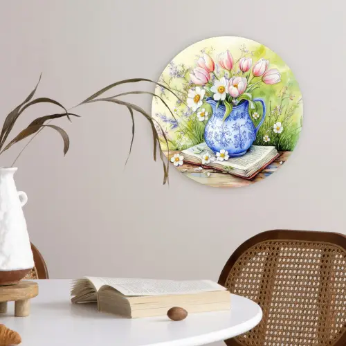 Vaas - Delftsblauw - Madeliefjes Wandcirkel kunststof plaat 5mm dik klein -sfeer4