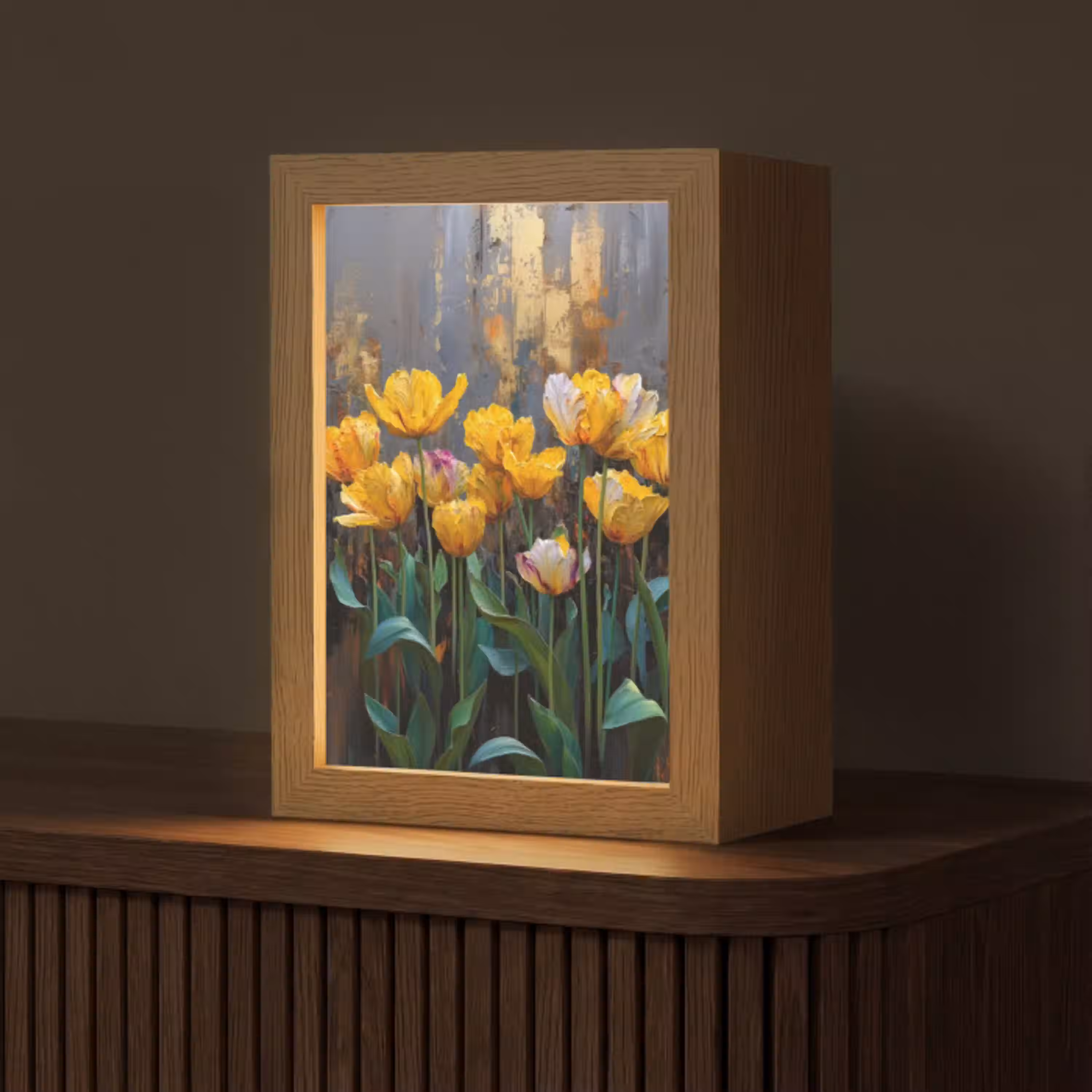 Tulpen - Geel - Penseelstreken - Abstract Light Box met kabel (Tafellamp) klein -z3d_website