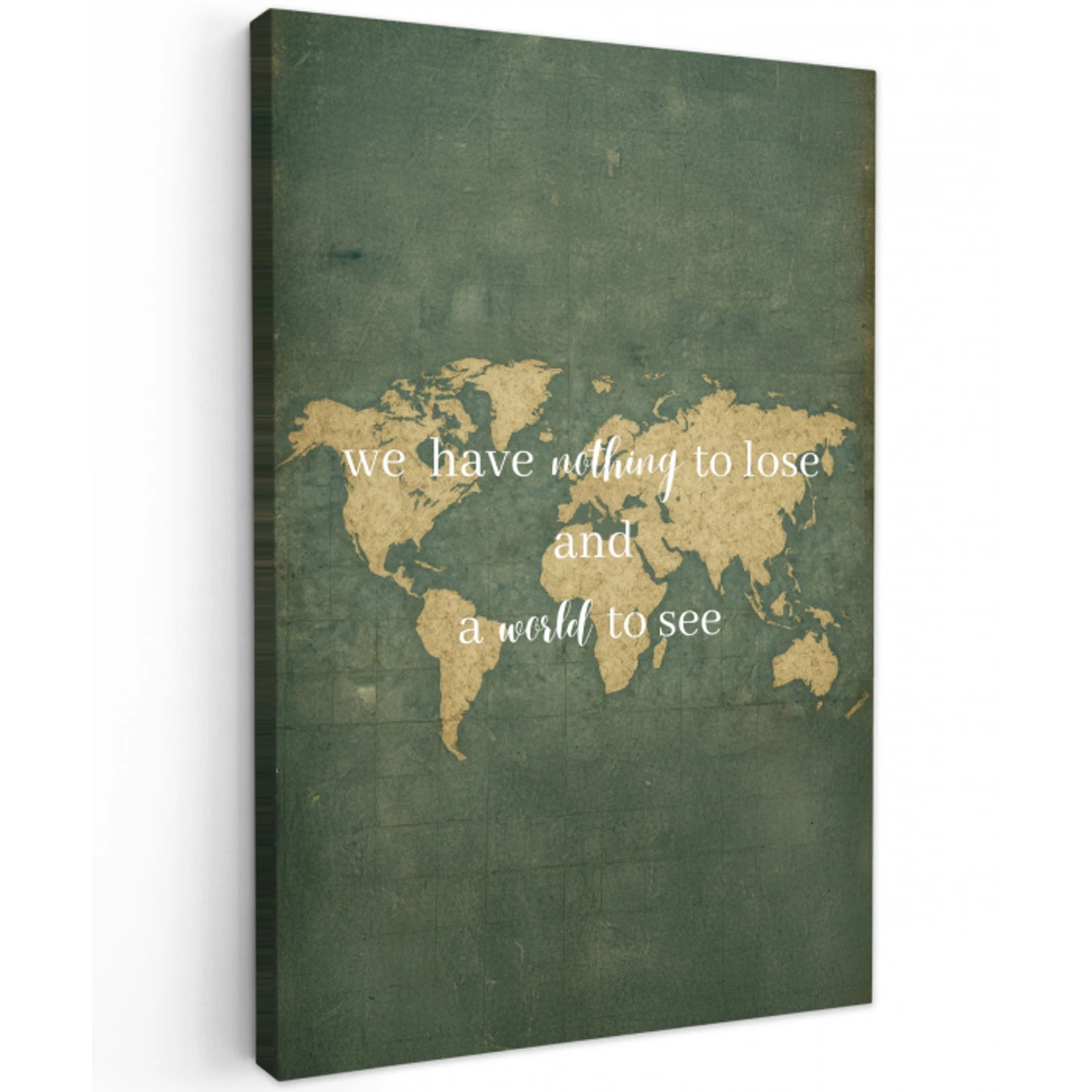 Quote - Vintage - Wereldkaart - Oud Tuinposter op houten frame 2 cm dik middel -3d