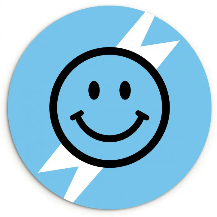 Smiley - Blauw - Bliksem Wandcirkel kunststof plaat 5mm dik klein -3d