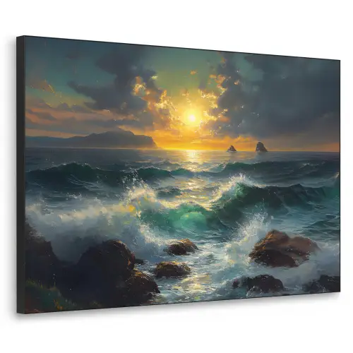Zee - Zon - Golven - Rotsen Textielframe zwart klein -3d
