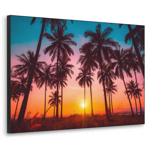 Palmboom - Zonsondergang - Horizon - Strand - Oranje - Roze Textielframe zwart klein -3d