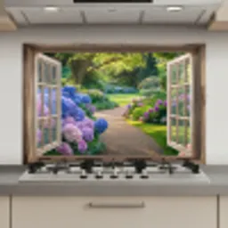 Doorkijk - Tuin - Raam - Hortensia - Bloemen keuken achterwand spatscherm klein -3d_website