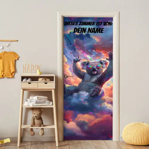 Fröhlicher Koala mit Sonnenbrille auf Wolke. deurposter klein -sfeer4