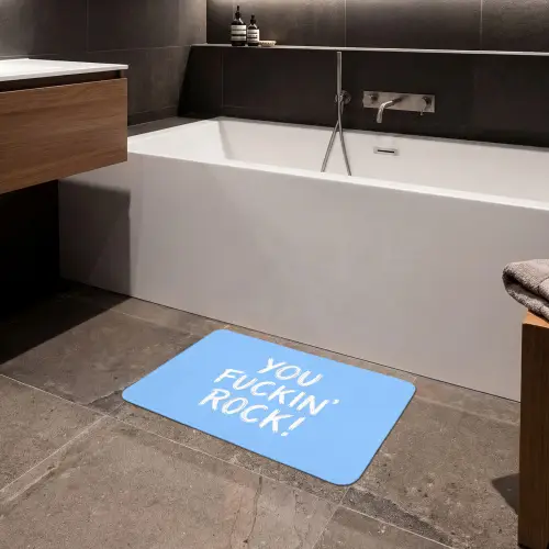 Blauw - Wit - You fuckin rock Badmat klein -sfeer3