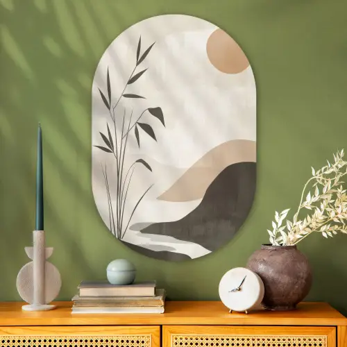 Japandi - Landschap - Beige Wandcirkel Ovaal Glas middel -sfeer2