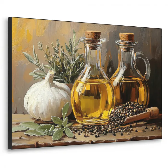 Stilleven - Olijfolie - Knoflook - Kruiden Textielframe zwart klein -3d