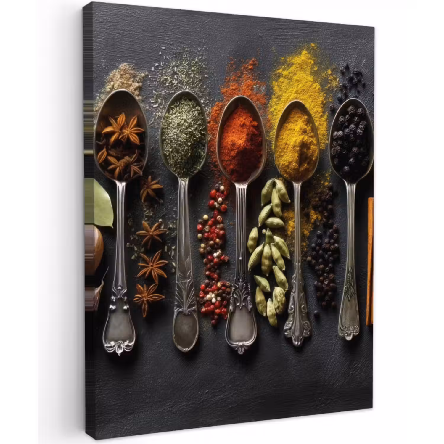 Canvas schilderij - Lepels - Specerijen - Kaneel - Chili