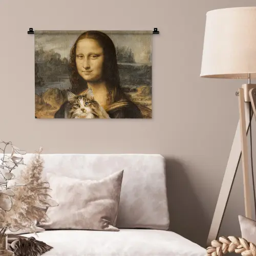 Mona Lisa - Kat - Leonardo da Vinci - Vintage - Kunstwerk - Oude meesters - Schilderij Wandkleed katoen klein -sfeer4
