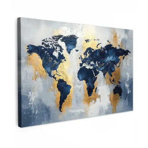 Wereldkaart - Blauw - Abstract Tuinposter op houten frame 2 cm dik klein -3d