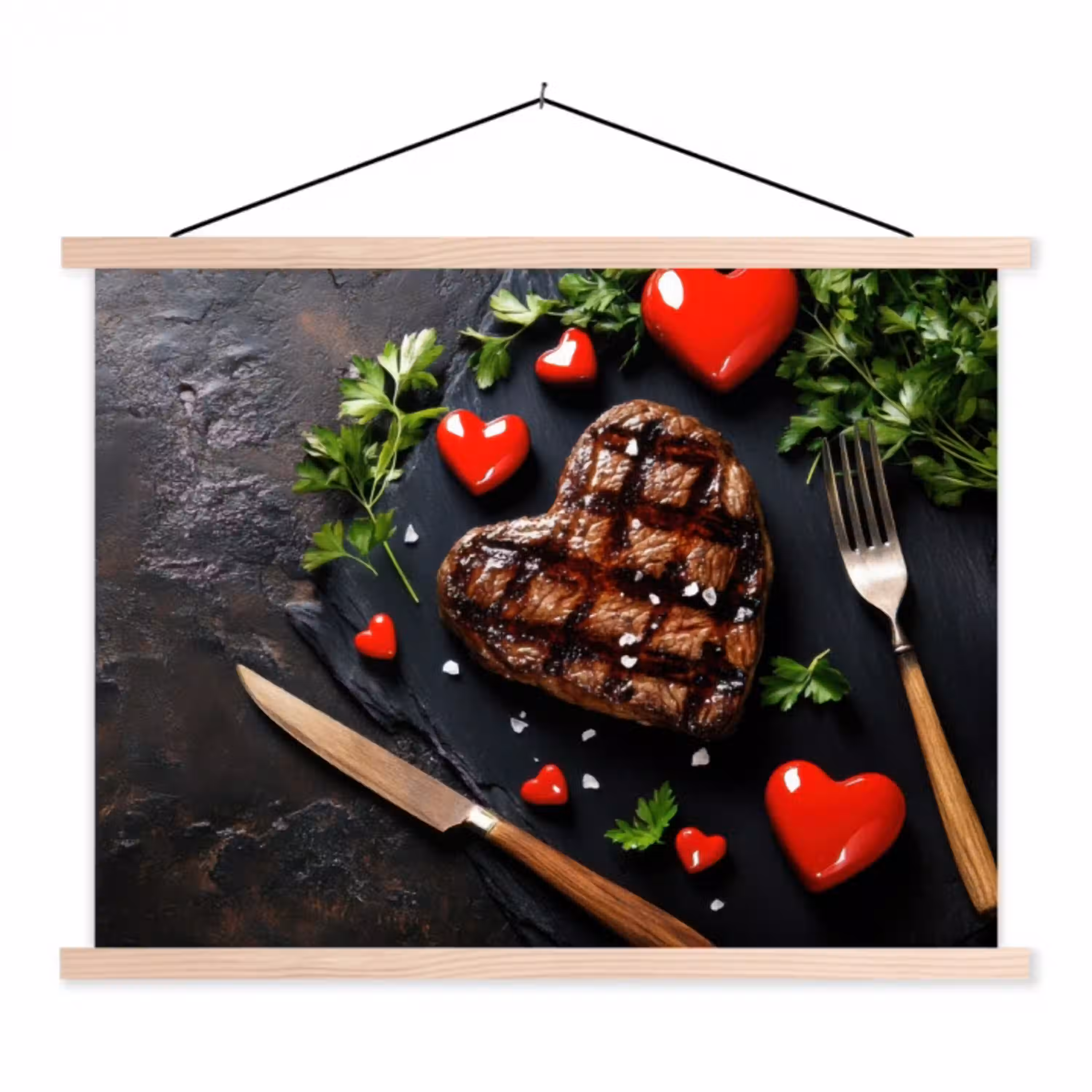 Steak - Hart - Bestek textielposter latten blank klein -3d