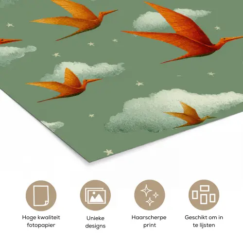 Dinosaurussen - Wolken - Sterren - Oranje poster papier klein -closeup_NL