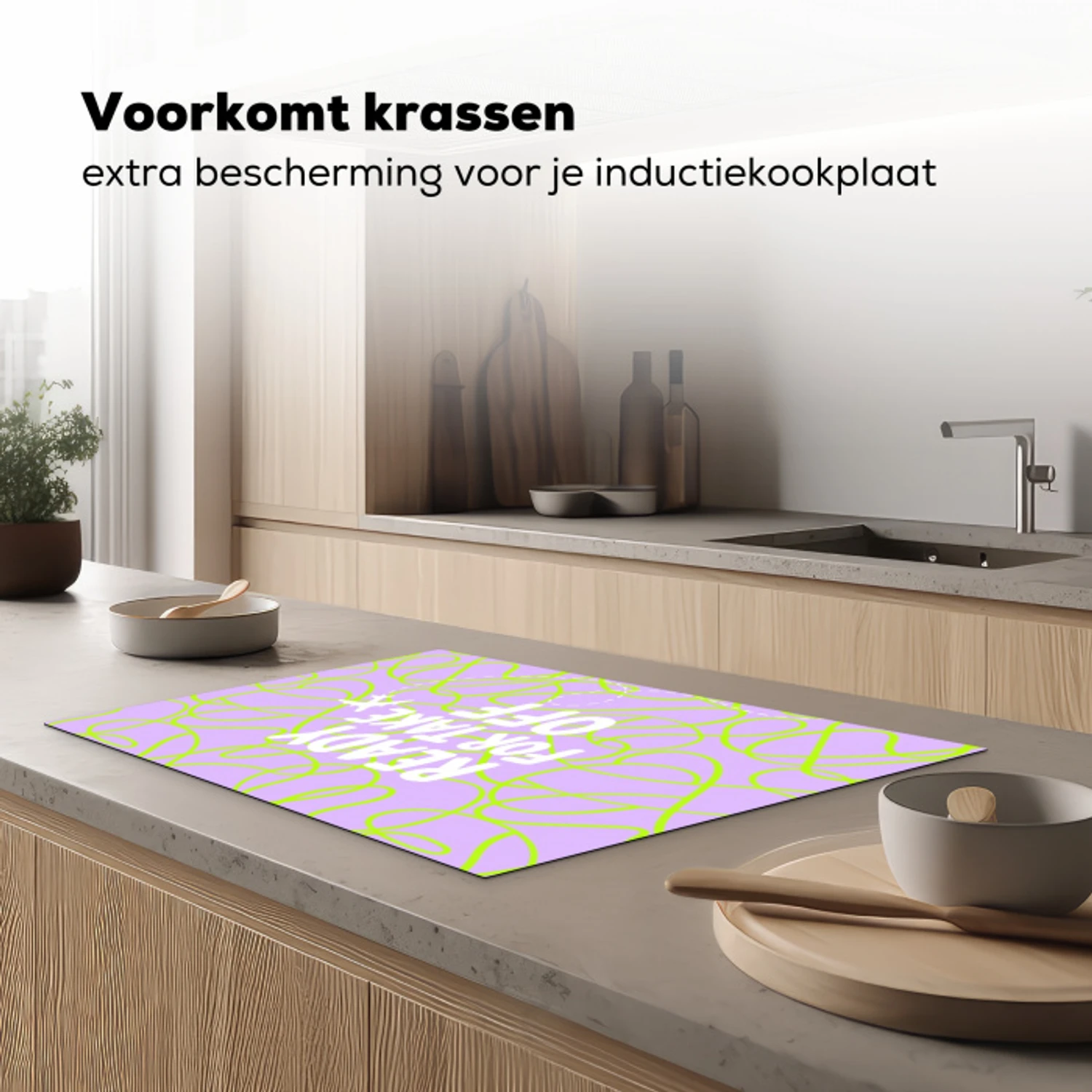 Ready for take off - Vliegtuig - Groen - Paars - Golvende lijnen Inductie beschermer vinyl 3mm klein -sfeer1