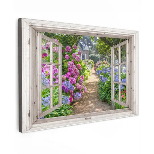 Hortensia - Doorkijk - Bloemen - Zomer - Paars - Pad Tuinposter op houten frame 2 cm dik klein -3d