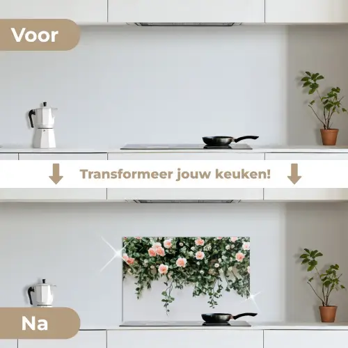 Bloemen - Muur - Rozen - Groen keuken achterwand spatscherm klein -voor_na_NL