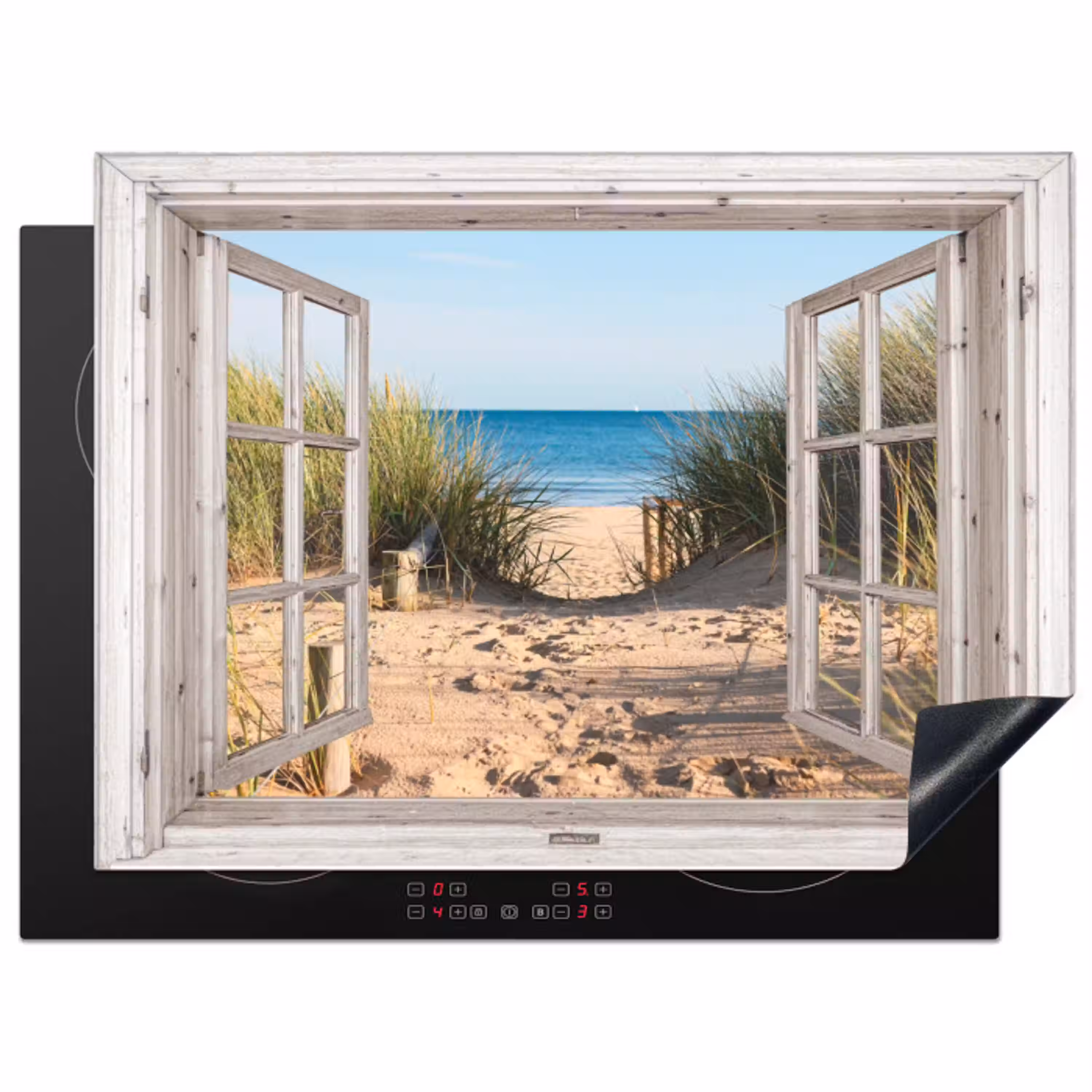 Doorkijk - Strand - Zee - Duinen - Zand - Water - Helmgras Inductie beschermer vinyl 3mm klein -3d