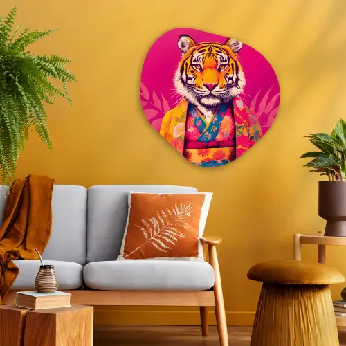 Tijger - Kimono - Planten - Roze Wandcirkel Organisch Plexiglas middel -sfeer4