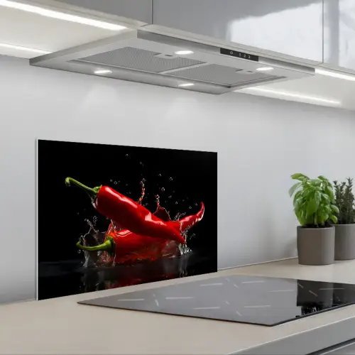 Peper - Rood - Zwart - Water - Groente keuken achterwand spatscherm klein -3d_schuin