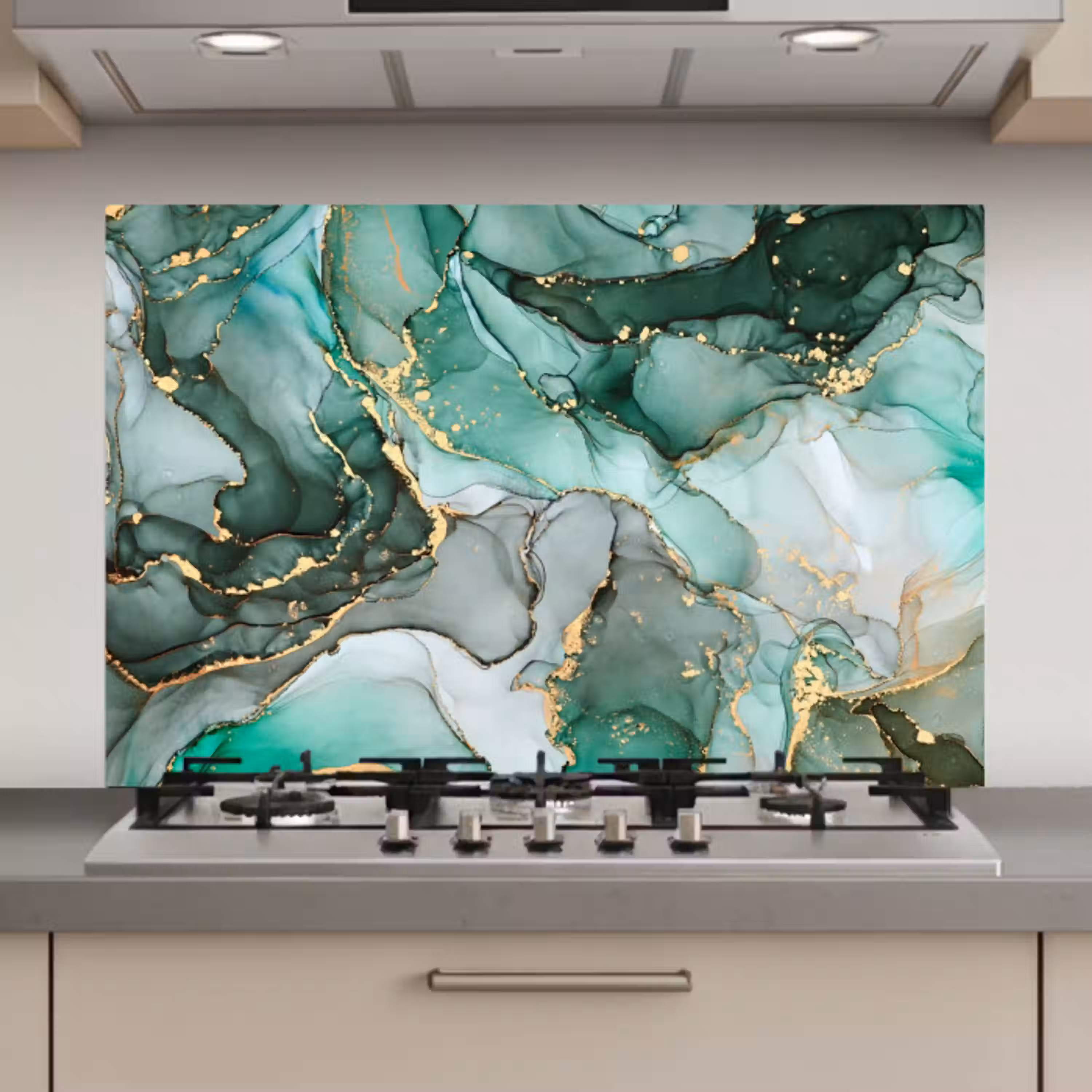 Goud - Marmer - Groen - Luxe - Marmerlook - Grijs keuken achterwand spatscherm klein -3d_website