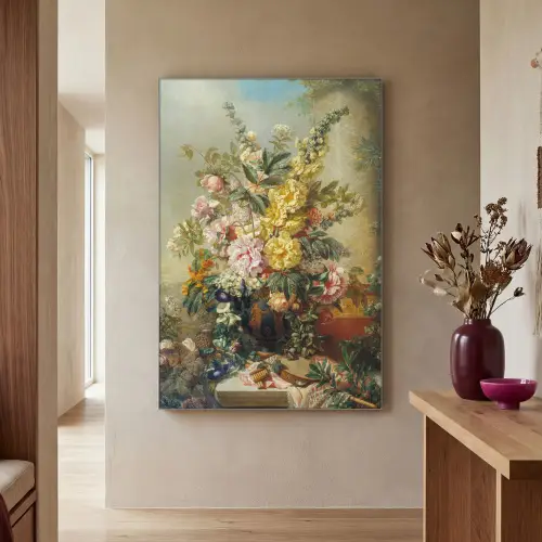 Grote vaas met bloemen - Josep Mirabent - Oude meesters Textielframe zilver middel -sfeer2