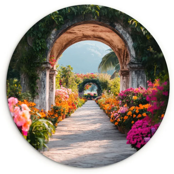 Doorkijk - Bloemen - Tropisch - Kleurrijk Wandcirkel kunststof plaat 5mm dik klein -3d