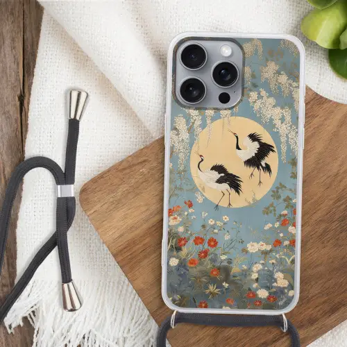 Kraanvogels - Maan - Bloemen - Blauw Hoesje iPhone 16 Pro Max met koord klein -sfeer4