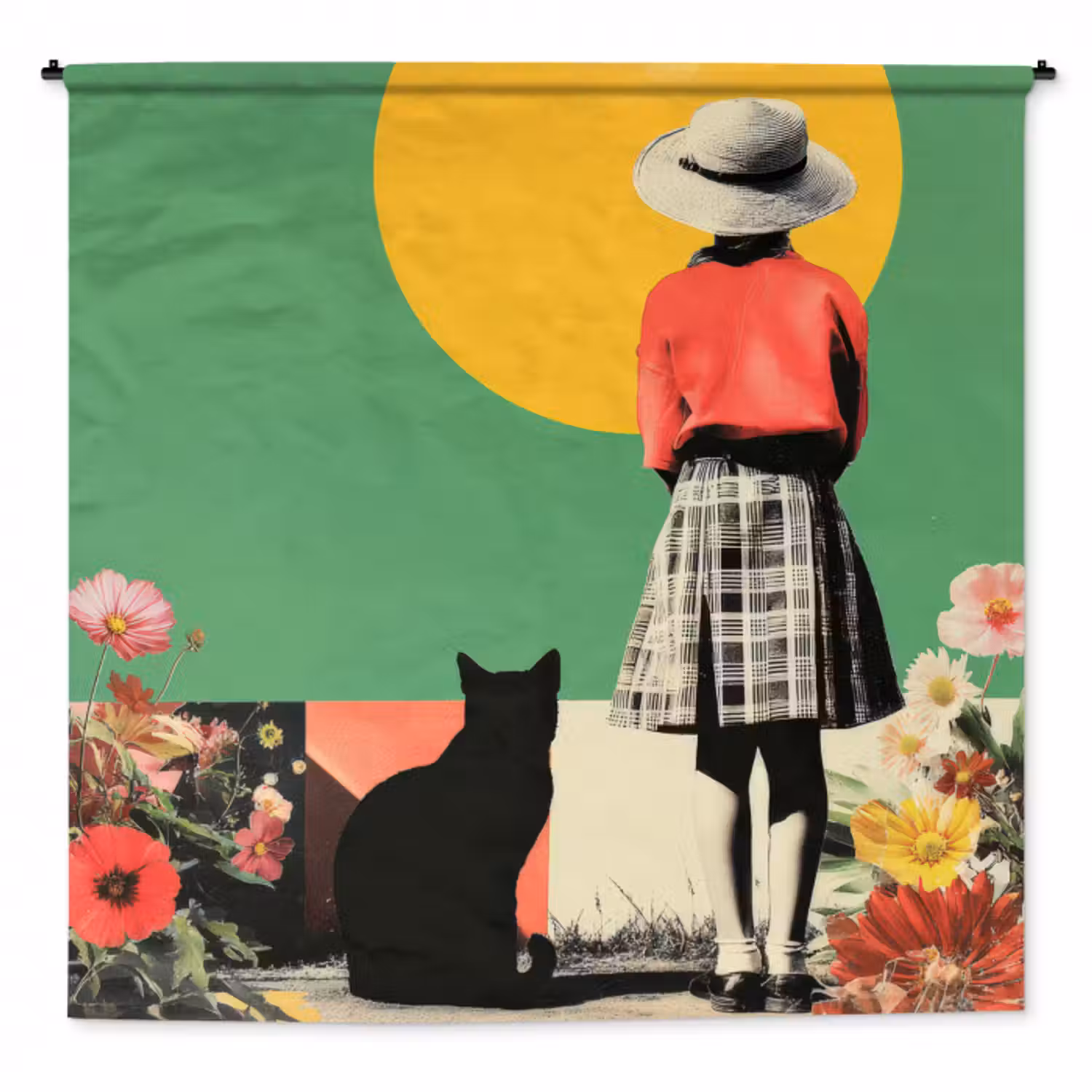 Wandteppich - Retro - Mädchen - Katze - Sonne